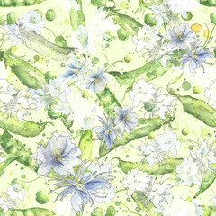 Watercolor seamless pattern. With floral print, green peas, beans, beans. Vintage background for design. beautiful paint splash.
Beautiful peas, blooming garden. Flowering beans.

