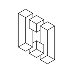 Impossible geometric shape line icon. Cubes and rectangles in 3D perspective. Optical illusion, visual effect, mind trick. Esher penrose object floating. Isometric shape. Vector illustration, clip art
