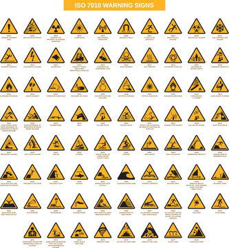 set of iso 7010 warning signs on white background
