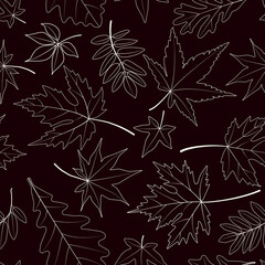 Oak, maple, mountain ash leaves. Vector seamless pattern. Linear illustration.