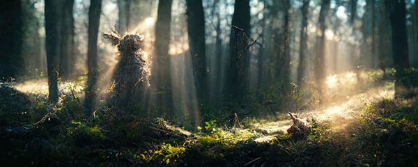 Obraz premium Realistic woods landscape 3D illustration with copy space and high trees and vast environment