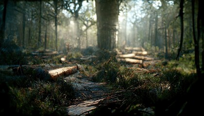 Obraz premium Realistic woods landscape 3D illustration with copy space and high trees and vast environment