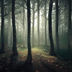 Obraz premium Realistic woods landscape 3D illustration with copy space and high trees and vast environment 