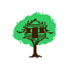 Pixel art Tree house. 8 bit Children's treehouse. Graphics of an old computer game