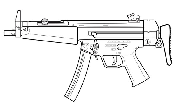 Vector illustration od the MP5 machine gun with folded stock on the white background. Left side.