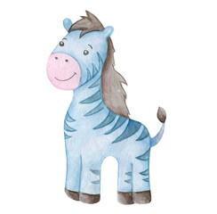 Little cute cartoon zebra- watercolor illustration. Hand draw watercolor monkey isolated.  Smiling monkey. African animals