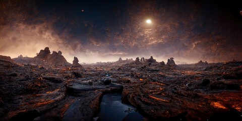 Fototapeta na wymiar Alien planet fantasy wallpaper landscape 3D illustration with copy space