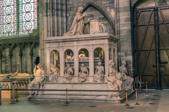 Interior of Basilica of Saint-Denis (Basilique royale de Saint-Denis, from 1144) - former medieval abbey church in Saint-Denis, a northern suburb of Paris Saint-Denis. Paris, France. AUGUST 22, 2021.