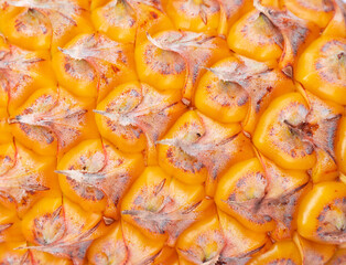 Closeup of yellow or orange pineapple ripe skin surface abstact, texture background. Tropical fruit with rough peel and thorn around the leaf.
