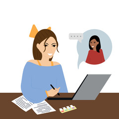 Distance learning, online learning, home school, course. The girl communicates with the teacher on the laptop