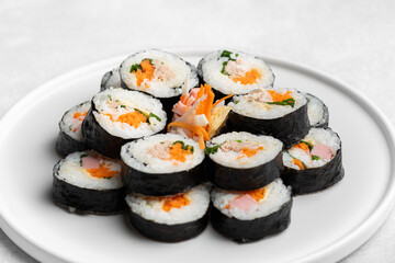 Gimbap or kimbap, korean rolls, traditional dish, selective focus