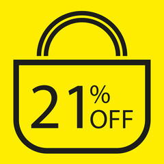 21 percent off. Yellow banner with shopping bag illustration.