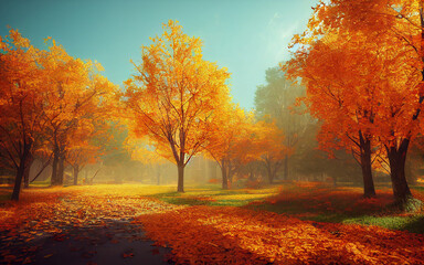 Golden autumn background. Panorama of yellow and orange trees in autumn in a forest.