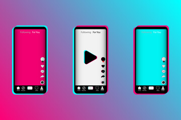Set of smartphones in popular social media colors. Mobile app screen template. Set of icons for social networking and blogging.