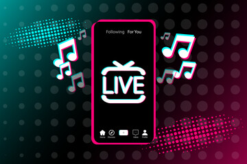 Live icon on smartphone screen in popular social media style. Modern advertising social media design.
