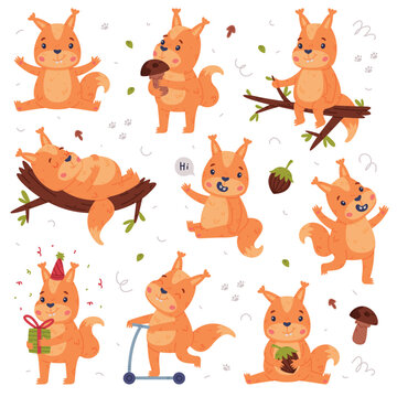 Funny Squirrel Character with Bushy Tail Engaged in Different Activity Vector Set