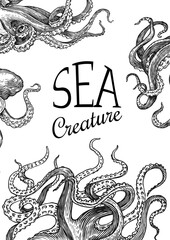 Sea octopus Background. Engraved hand drawn in old sketch, vintage creature. Nautical or marine, monster. Animal in the ocean. Template for logos, labels and emblems. Banner poster template.