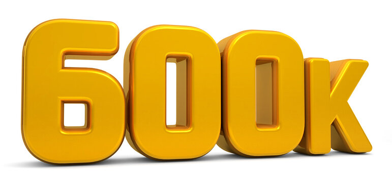 Golden 600K isolated on white background. 600k 3d. Thank you for 600k followers 3D gold. 3D rendering