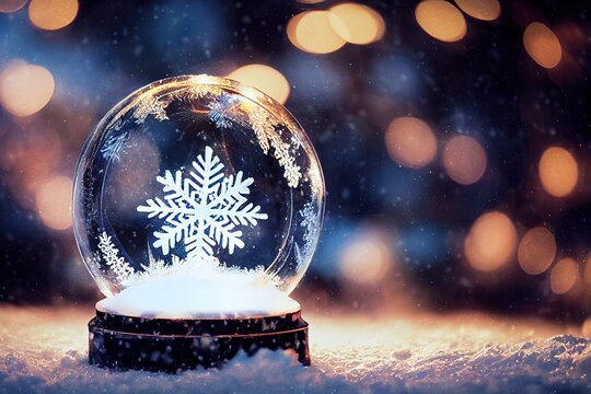 Christmas background. White snowflake inside of snow globe on the snow, beautiful bokeh on the background, ai generated, is not based on any real image