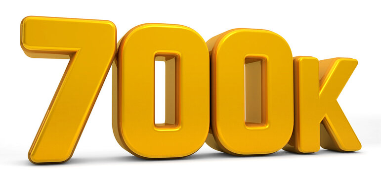 Golden 700K isolated on white background. 700k 3d. Thank you for 700k followers 3D gold. 3D rendering