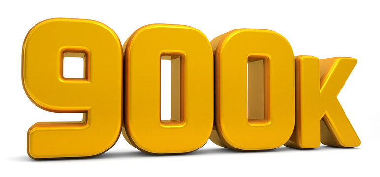 Golden 900K isolated on white background. 900k 3d. Thank you for 900k followers 3D gold. 3D rendering
