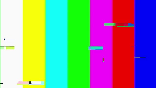 Television screen error. .Color Bars data glitches. Intentional glitch distortion. Test pattern from a tv transmission, with colorful bars, a black box and the warning text No signal.