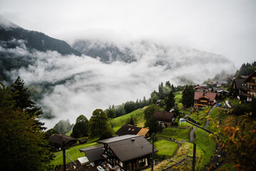 Fototapeta na wymiar Cloudy mountain views in Wengen Switzerland. 