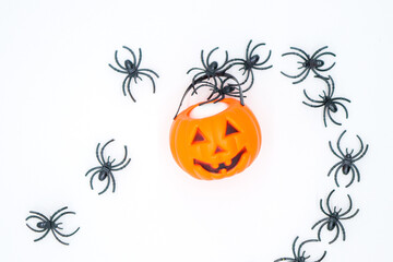 close-up halloween pumpkin with spiders on white background
