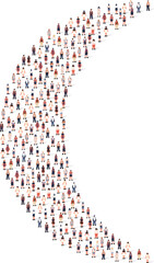 Large group of people silhouette crowded together in crescent moon shape isolated on white background. Vector illustration
