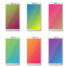 Different Variations Of Vivid Geometrical Pattern Wallpapers Set On Photorealistic Smartphone Screen Isolated On White Background. Set Of Vertical Abstract Backgrounds For Smartphone
