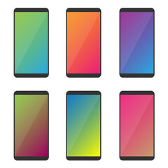 Different Variations Of Vivid Geometrical Pattern Wallpapers Set On Photorealistic Smartphone Screen Isolated On White Background. Set Of Vertical Abstract Backgrounds For Smartphone
