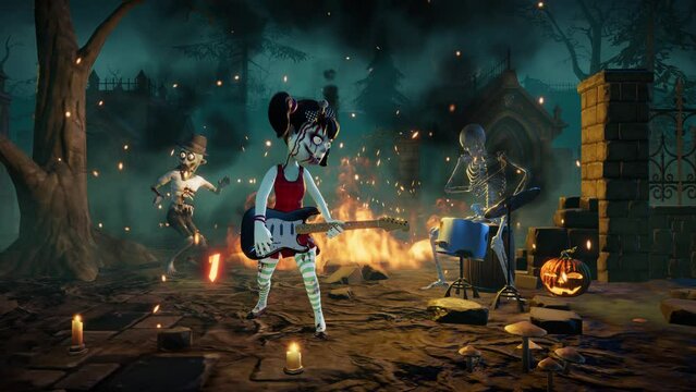Halloween fiery rock party. Scary music band and dancing zombies at the cemetery.