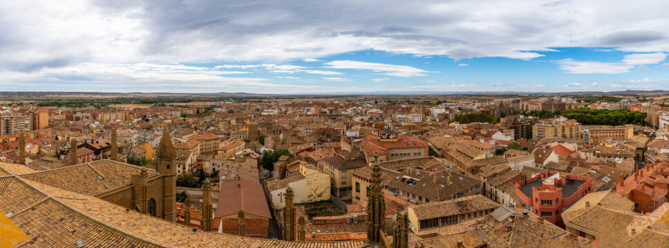 Panoramic of Huesca and its region, from the tower of the cathedral, in the province of Aragon, Spain