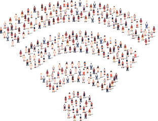 Large group of people silhouette crowded together in wifi shape isolated on white background. Vector illustration