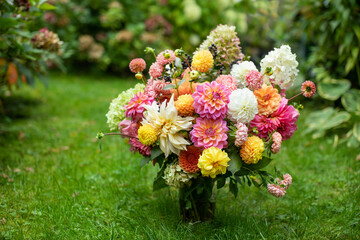 Kompozycja kwiatowa z kwiatów dalii, astrów i hortenji w ogrodzie, bukiet kwiatów, bouquet of flowers - obrazy, fototapety, plakaty