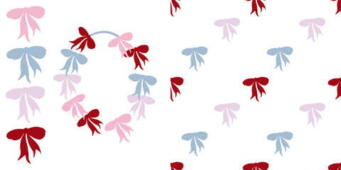 Festive set of colorful bows for your creativity. Frame and seamless pattern on white background