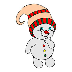 Cute cartoon snowman in a funny hat Vector illustration hand-drawn on a white background with multicolored dots.