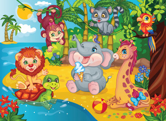 Fairytale background for children wallpaper. Cartoon illustration for sticker, puzzles. Fabulous African landscape. Magic jungle. Cute little elephant lion giraffe monkey lemur in zoo. Vector animals