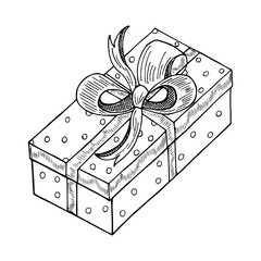 Christmas gift box with ribbon and bow. Vector illustration drawn by hand. Wrapped package with a surprise