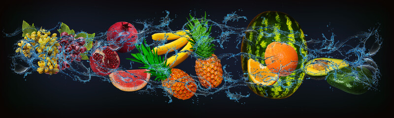 Panorama with fresh fruits in the water - avocado, orange, watermelon, pineapple, grapefruit,...