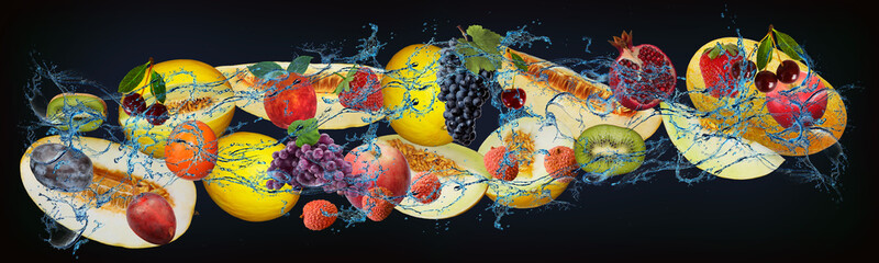 Panorama with fresh fruits in the water - cherry, strawberry, apple, melon, pomegranate, kiwi,...