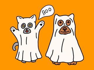A cat and a dog in ghost costumes for Halloween
