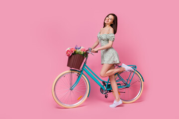 Full length profile photo of sweet lady ride bicycle wear printed dress isolated on pink color...