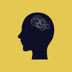symbol of a man with confused thoughts. concept of problem, mental disorder and stress. head silhouette with thoughts on yellow background