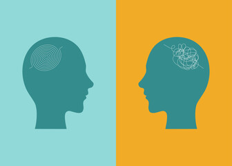 symbol of two people with confused thoughts. the concept of problem solving, treatment of mental disorder, psychotherapy. head silhouette with thoughts. two different moods