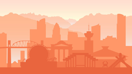 Fototapeta premium Vancouver. The silhouette of the city. Places of interest, skyscrapers, mountains. Orange.