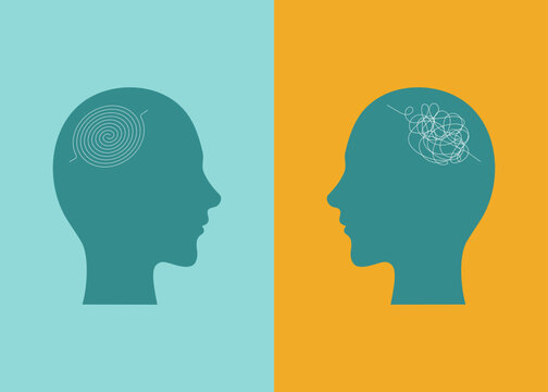 Symbol Of Two People With Confused Thoughts. The Concept Of Problem Solving, Treatment Of Mental Disorder, Psychotherapy. Head Silhouette With Thoughts. Two Different Moods