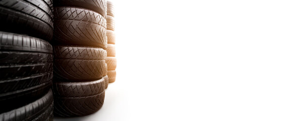 A pile of automobile tyre with a right copy space on white background, Horizontal banner, auto tyre business concept