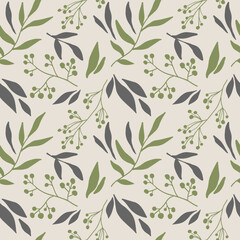 Drawn floral seamless vector pattern. Set of branches and leaves on a green background. Autumn color combination. Autumn background. October. November. Background. Pattern.