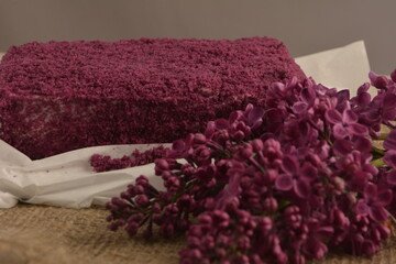 purple coconut cream cake on the white dish